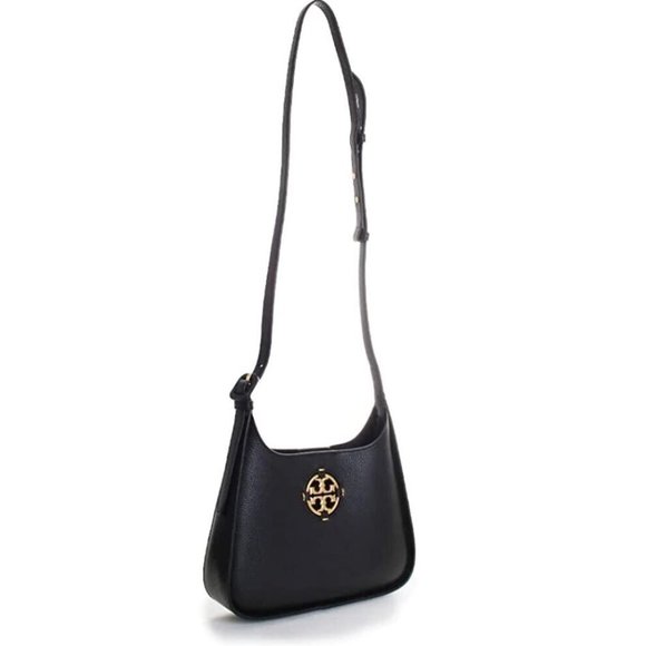 Tory Burch Miller Small Hobo Bag Leather Black Gold Shoulder Handbag Purse NEW - Picture 3 of 8